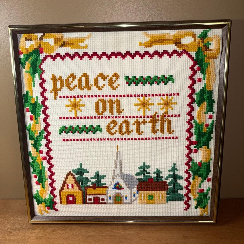 Vintage Peace on Earth Needlepoint Framed Cross Stitch Christmas Village Decor